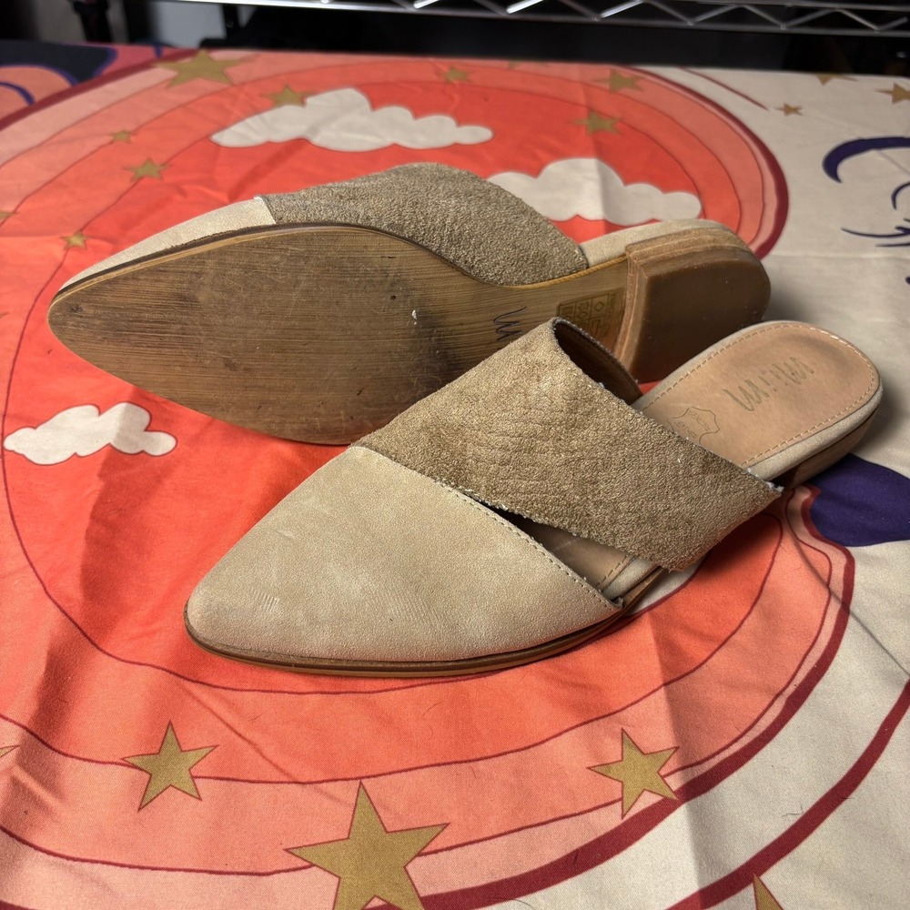 Mi.im Pointed Toe Mules Tan Taupe Two Tone Faux Suede Flat Slides Womens 7 Fall - Picture 12 of 16